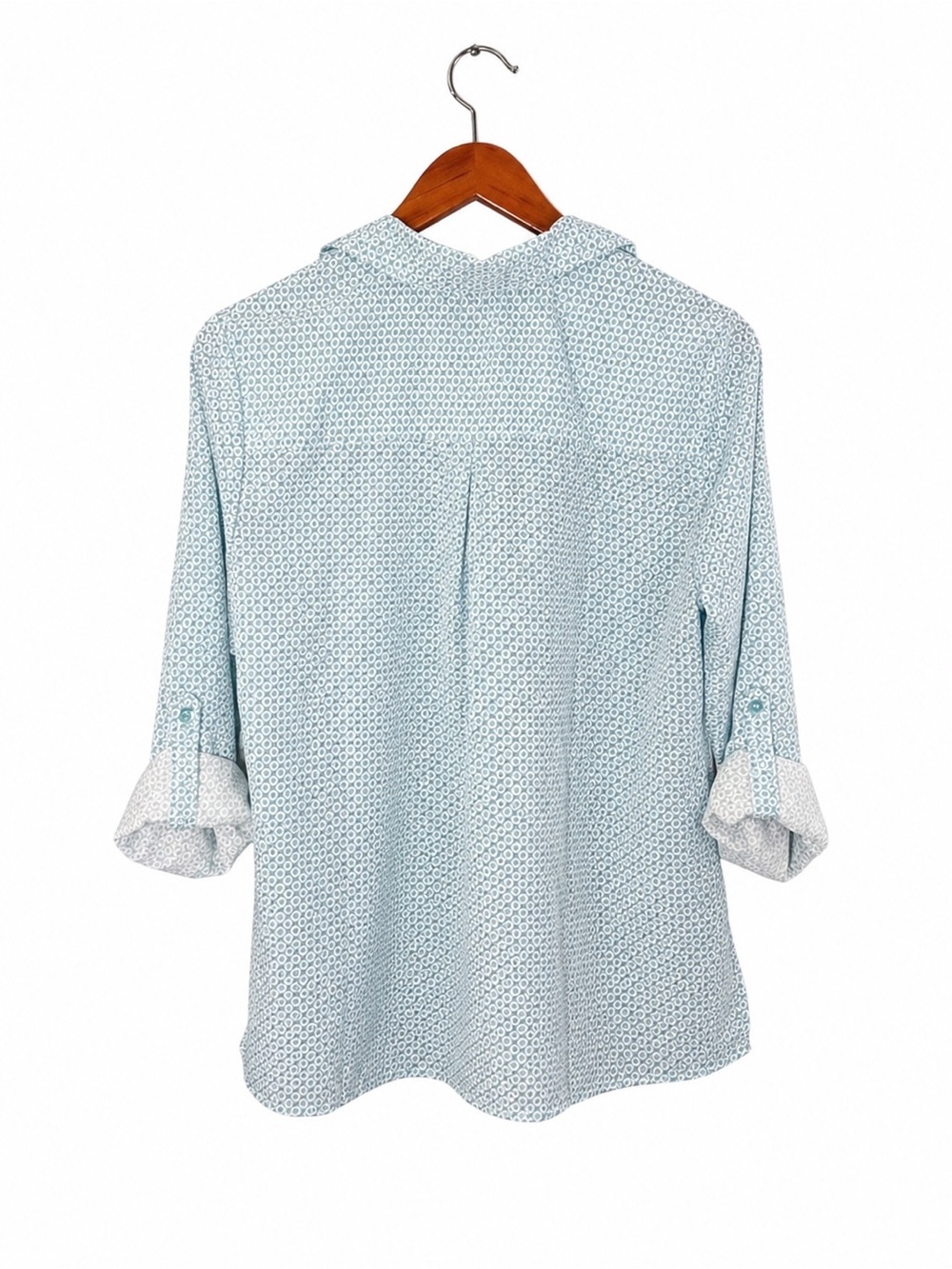 NWT Notations Petite Blue Geometric Button Front Blouse Roll Tap Sleeves Top LP - Picture 3 of 10